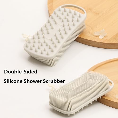 MtBoi 2 PC Silicone Body Scrubber, 2 in 1 Exfoliating Shower Bath Scrubber, Soft Silicone Loofah for Sensitive Skin, Shower Hair Scalp Massager, Easy to Clean, Lather Well (Grey&Black) - color: Grey&black