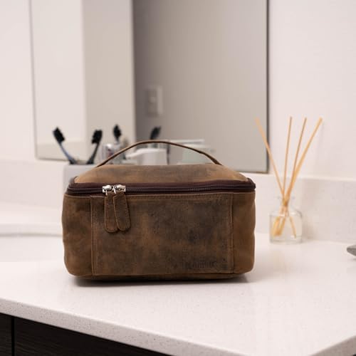 KomalC Leather Toiletry Bag For Men & Women, Handcrafted Travel Kit, Water-Resistant Shaving Bag For Men Travel, Premium Rustic Toiletry Pouch with Zipper Closure (1 Zip Hunter) - style: 1 Zip Hunter