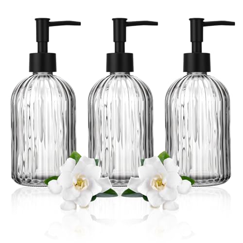 3 Pack Glass Soap Dispenser with Rust Proof Pump, 14 Oz Refillable Liquid Soap Dispenser for Bathroom & Kitchen (Grey)