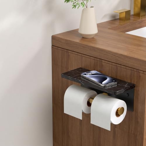 FORIOUS Double Toilet Paper Holder with Shelf, Wall Mount Tissue Roll Holder for Bathroom, 304 Stainless Steel Commercial Toilet Tissue Dispensers with Phone Shelf (1, Black & Gold-Marble) - color: Black & Gold-marble