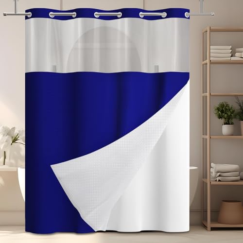 No Hook Shower Curtain with Snap in Liner, Waffle Shower Curtain Set for Bathroom, Hotel Style with Semi-Sheer Top Window, Waterproof & Washable, Navy Blue, 59" W x 75" L - color: Navy Blue, size: 59"W x 75"L (Pack of 1)