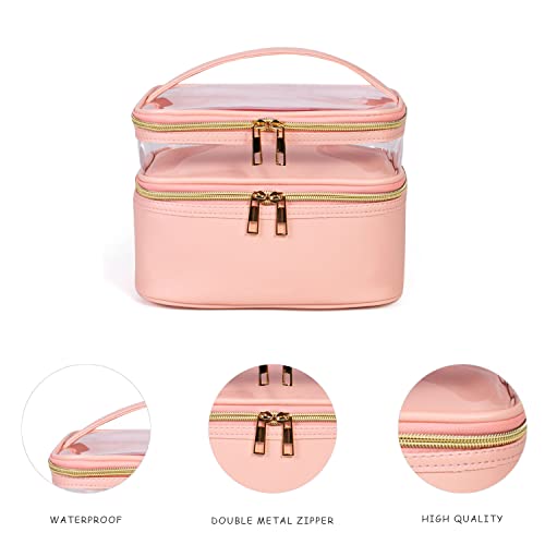 Pink Makeup Bag, Leather Double Layer Makeup Bag,Travel Accessories Toiletry Bag for Women,Travel Essentials Cosmetic Bag - color: 00-Pink