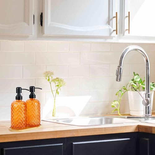 12Oz Glass Soap Dispenser with 304 Black Rustproof Stainless-Steel Pump, Refillable Glass Soap Dispenser for Kitchen, Bathroom, Farmhouse (2pack& Tray) - color: Orange-2pack& Tray