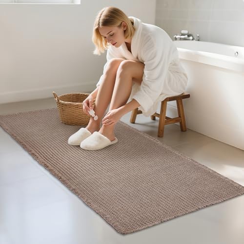 ZALL Tan Waffle Bath Mat,Super Absorbent Non Slip Bathroom Rug,Brown 24x48inch,Machine Washable Ultra Soft Floor Mats - color: Brown, size: 24 x 48 inches(Rectangular)