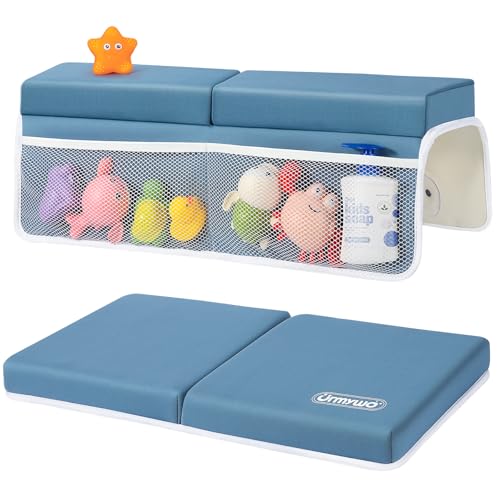 URMYWO Bath Kneeler and Elbow Rest Pad Set - 1.5" Thick Baby Bath Kneeler Pads with Toys Organizer, Anti-Slip Cozy Knee & Arm Support Bathtub Mat, Quick Dry Kneeling Pad for Baby Bath Time - color: Bluea