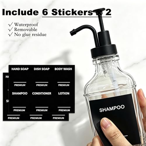 Dish Soap Dispenser for Kitchen, Hand Glass Soap Dispenser Set with Pump, Funnel for Bathroom, Shower, Laundry, Liquid, Lotion (Black 2 Pack 18 Oz Clear Bottles with 12 Stickers) - color: Black Square, size: 18Oz