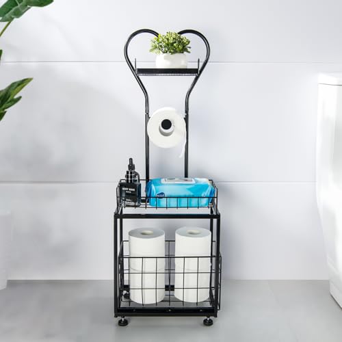 Freestanding Toilet Paper Holder, Drawer Style Storage Compartment, with Storage Shelf Reserve for Phone Tablet Magazine Bathroom Organizer (Black) - color: Black