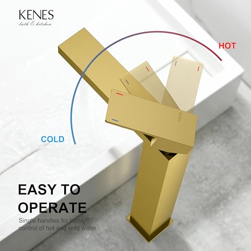 KENES Brushed Gold Tall Bathroom Faucet, Single Handle Vessel Sink Faucet Gold Vanity Bathroom Faucet with Supply Lines and Pop Up Sink Drain, LJ-9031A-4 - color: Gold, size: Tall