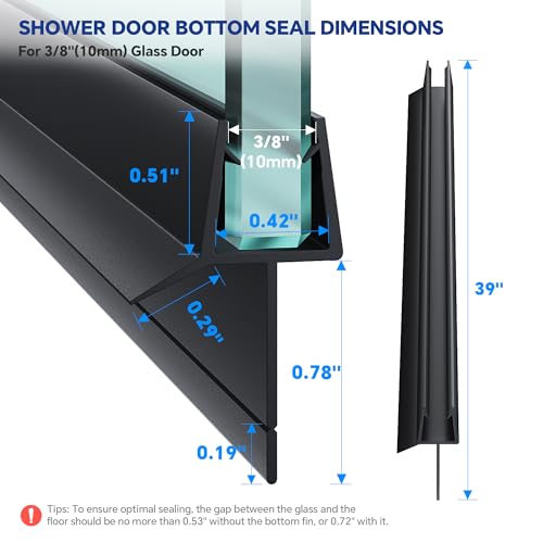 2-Pack Frameless Shower Door Bottom Seal (3/8" X 39") Clear Glass Seal Strip Shower Door Sweep - Stop Shower Leaks, Black - size: 3/8"(10mm)-39"- Black