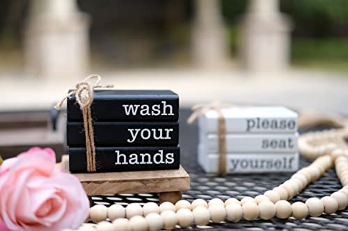 LIVDUCOT Farmhouse Mini Book Stack for Bathroom Decor Accessories Half Bath Decor Wooden Mini Books for Restroom Shelf Decorative Accent for Guest Bathroom,2 Signs in 1 Reversible - color: relax soak unwind
