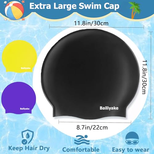 3 Pack Extra Large Swim Cap for Braids & Dreadlocks - Waterproof Silicone Swim Hat for Women with Long Thick Hair, Protective Swim Cap Cover Ears for Swimming, Shower, Bathing - color: Black+Purple+Yellow
