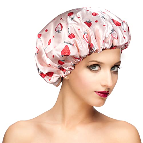 Shower Cap, Adjustable Shower Caps for Women, Extra Large Upgrade Double Waterproof Layers Hair Cap, Bath Caps Shower Hat Women Girls Adult Hair Protection Suitable for All Lengths and Thickness - color: Pink Strawberry, size: X-Large