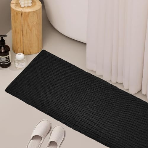 ZALL Waffle Bath Mat Black Super Absorbent Non Slip Bathroom Rug,Rhombus Geometric 24X60inch,Machine Washable Ultra Soft Floor Mats - color: Black, size: 24 x 60 inches(Rectangular)
