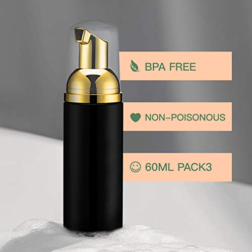 Travel Foam Pump Bottle - 2oz Small Size Foaming Hand Soap Dispenser - Mini Portable Mousse Lash Shampoo Kit Container for Hair - Empty Leak Proof Plastic Gold &Black Foamer 3Pack - color: Rj-u8b7-3upw
