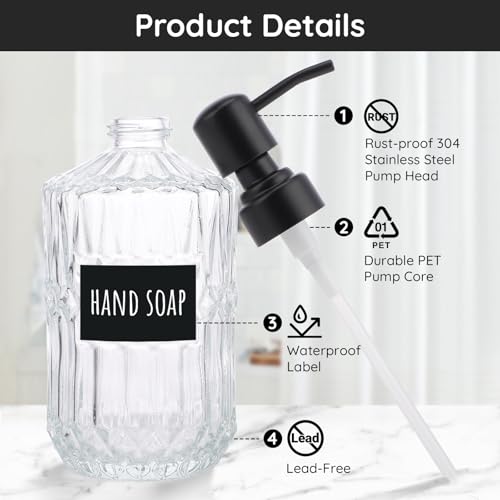 Segbeauty 15.2oz Glass Soap Dispenser Refillable, 2pcs Empty Bathroom Hand Soap Dispenser with Stainless Steel Pump, 450ml Clear Lotion Pump Bottle with Labels, Vintage Shampoo and Conditioner Bottle - color: Clear, size: 15.2oz/450ml