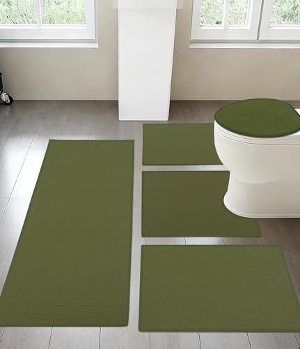 YIHOUSE Bathroom Rug Mat Sets, Ultra Thin Quick Dry Bath Mat, Absorbent Bath Mat for Bathroom Non Slip Machine Washable Bath Rug 5 Piece(Green) - color: Green, size: 5 Pieces