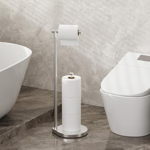 theaoo Heavy-Duty Toilet Paper Holder Stand – Modern Freestanding Bathroom Toilet Tissue Paper Roll Holder with Reserve & Storage, Stainless Steel (Silver, Free Standing) - color: Silver
