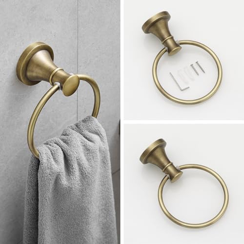 RUMOSE Toilet Paper Holder and Hand Towel Ring Antique Brass Wall Mount Bathroom Hardware Accessories 2 PCS Set Flexible Pivoting Toilet Tissue Roll Holder and Towel Hanger, Stainless Steel - color: Antique Brass