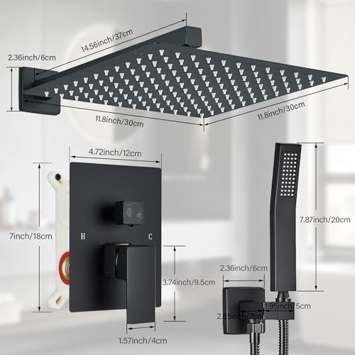 Shower Faucet Matte Black Shower System with 12 Inches Rain Shower Head and Handheld Spray Bathroom Luxury Rain Shower Faucet Set Complete Wall Mounted - color: Matte Black, size: Matte Black-12