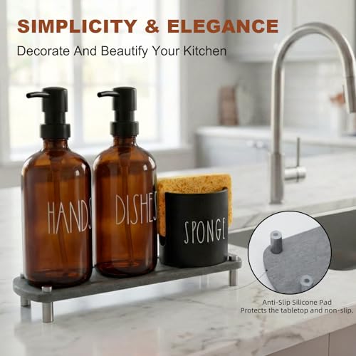 Hand and Dish Soap Dispenser Set, Kitchen Soap Dispenser Set with Sponge Holder, 16.9oz Amber Glass Dispenser, Waterproof Labels, Instant Dry Tray|Upgrade for Your Kitchen and Bathroom