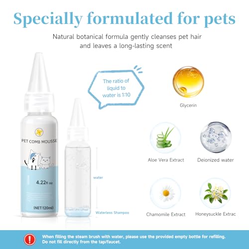Pet Steam Brush for Dog & Cat – 3-in-1 Spray Hair Removal Comb for Shedding & Grooming, Softens Fur & Reduces Static – Water Brush for Long & Short Coats, Bath-Hating Pets, Includes Waterless Shampoo - size: 7.8"-240ML