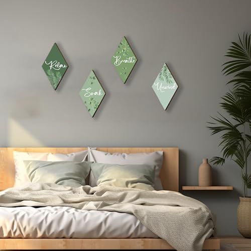 DONFENTHY 4 Pcs Sage Green Bathroom Decor Green Bathroom Accessories Relax Soak Unwind Breathe Wooden Sign Hanging Wall Art for Bedroom Living Room Office Decorations(12x7 Inches)