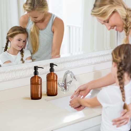 AmazerBath Amber Glass Soap Dispensers, 2 Glass Amber Pump Bottles, 17 Oz Dish Soap Dispenser, Kitchen Bathroom Hand Soap Dispensers for Hand Sanitiser, Shampoo, Lotion, Shower Gel Conditioner - color: Brown