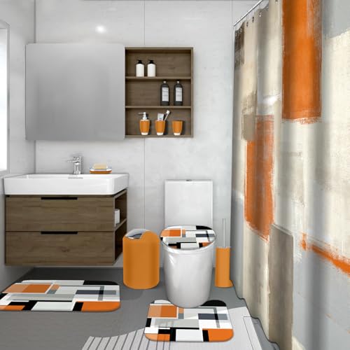 Lnond Orange Bathroom Set, 23-Piece Orange Abstract Bathroom Decor Set with with Shower Curtain and Rugs, Trash Can, Toilet Brush Holder Set & Soap Dispenser - style: Orange Abstract