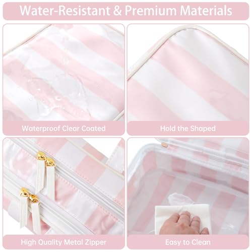 Travel Toiletry Bag for Women, Waterproof Clear Coated Portable Stripe Makeup Cosmetic Bag with Compartment, Travel Organizer for Shampoo, Conditioner, Brushes Set,Cosmetic Accessories(White-Pink) - color: Pink-White