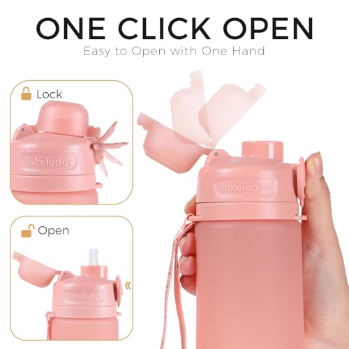 TakeToday Collapsible Water Bottles 21oz (600mL), Foldable Platinum Silicone Travel Water Bottle with Straw & Carry Strap, Leak-Resistant Screw Lid, Wide Mouth, BPA-Free for Hiking, Camping, Travel - color: Cherry Breeze