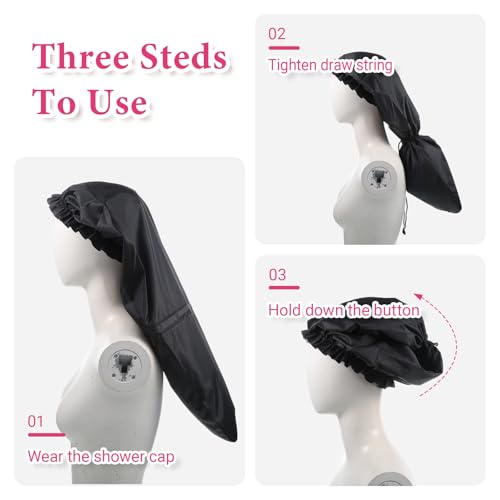 2pcs Large Adjustable Braids Shower Cap for Long Hair Waterproof Shower Caps for Women Men Reusable Extra Long Hair Bonnets for Dreadlocks Foldable Plastic Oversize Bath Hats (Pink, Black)