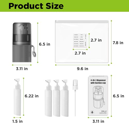 4 in 1 Travel Toiletry Containers,TSA Approved Refillable Travel Size Toiletries Bottles Set with Suction Cup for Smooth Walls - for Shampoo,Conditioner,Body Wash,Lotion.(Grey) - color: Gray