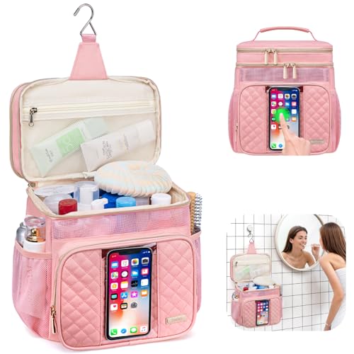 Tealari Large Toiletry Bag for Women Men,Bathroom Bag,Water Resistant Shower Bag,Makeup Bag,Portable Shower Caddy for College Dorm,Hanging Travel Toiletry Bag with Transparent Waterproof Phone Pocket - color: Pink