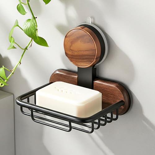 Dish Soap Holder for Shower - Suction Cup Wall Mounted Bar Soap Tray, Carbon Steel Self Draining Sponge Holder, No-Drilled Removable Adhesive Basket Caddy for Bathroom Bathtub Kitchen Sink