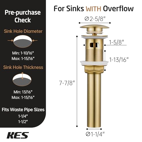 KES Vessel Sink Drain Pop Up Drain with Overflow Bathroom Stopper Assembly Brushed Gold for 1.6"-1.9" Sink Hole, All Metal Rustproof Brass and 304 Stainless Steel, S2008A-BZ - color: Brushed Gold, style: With Overflow, 1 Pack