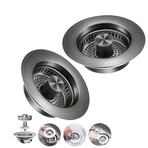 3 in 1 Kitchen Sink Drain Strainer & Pop Up Sink Stopper 2 Pack, Sink Strainer Anti-Clogging Kitchen Sink Basket, Odor-Free Water Catcher, Universal 3-1/2" Fit for US Standard Kitchens - color: Gunmetal Grey