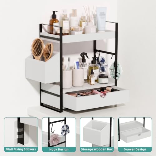 Kottwca 2-Tier Bathroom Counter Organizer with Drawer, Basket & Hooks, Wooden Vanity Shelf for Skincare, Perfume & Makeup Storage(White) - color: White