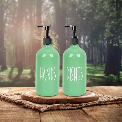 Dish Soap Dispenser for Kitchen - 16 OZ Glass Hand Soap Dispenser Set - Kitchen Bathroom Decor and Accessories (Avocado Green) - color: Avocado Green
