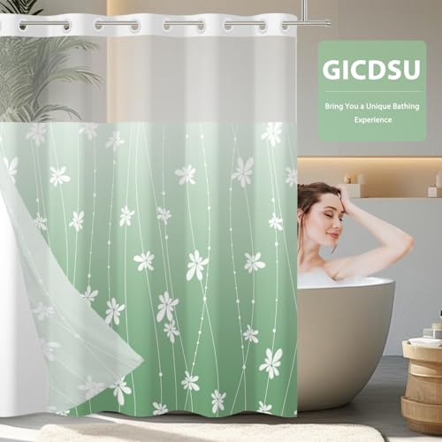 No Hook Shower Curtain with Snap-in Liner, Green Ombre Bathroom Shower Curtains with Liner Set, Waterproof & Washable, Mesh Top Window, 59" W x 79" L - color: 02 Ombre - Green, size: 59"W x 79"L (Pack of 1)