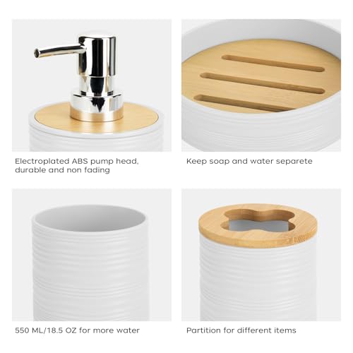 4 PCS White Bathroom Accessories Set, Includes a Soap Dispenser, Toothbrush Holder, Soap Dish and Mouthwash Cup, Plastics & Bamboo Bathroom Set, Bohemian Style Bathroom Sink Set - color: White, size: 4 PCS