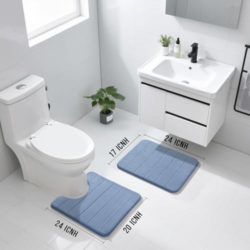 Yimobra U-Shaped Toilet Bath Mat Set 2 Piece - Soft Absorbent Quick Dry Memory Foam Bathroom Rugs, Machine Washable Non Slip Floor Carpet for Tub Shower & Single Sink (17x24 & 24x20, Denim Blue) - color: Denim Blue, size: 24x17+24x20 Inch