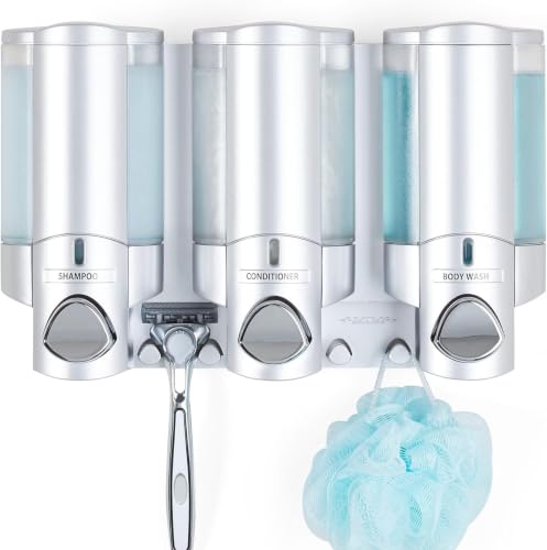 Better Living Aviva Shower Dispenser 3 Chamber,Wall Mount Shower Soap Dispenser for Bathroom Hotel Body Wash,Built-in Hooks,No Drill,Waterproof Shampoo Soap-Dispenser,3 x11 oz,Satin Silver,(Pack of 6) - color: Satin Silver, size: 3-Chamber (Pack of 6)