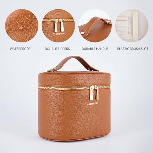 Large Makeup Bag Organizer, PU Leather Makeup Case with Removable Dividers, Waterproof Travel Cosmetic Bag (Khaki) - color: Khaki
