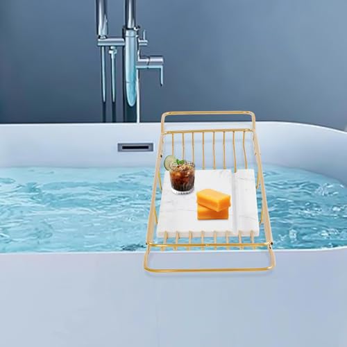 Expandable Bathtub Tray Caddy Shelf with Marble Table Mobile/Tablet Stand, Luxury Bath Tub Tray Rack, Bathroom Home Spa Shower Accessories Perfect Relaxing Spa Gifts for Women and Towel - color: Gold Rack+white Marble Board