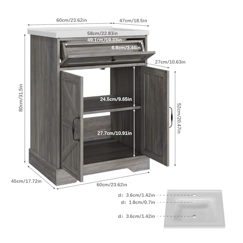 Smart FENDEE 23.62" Bathroom Vanity with Ceramic Sink, Farmhouse Bathroom Vanity Cabinet with Barn Door & Drawer, Freestanding Floor Storage Cupboard with Sink Combo Set, Washed Grey - color: Washed Grey