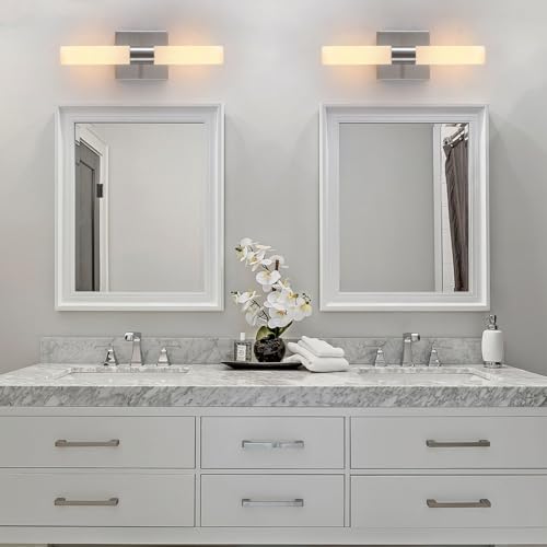 KUZZULL Wall Sconces Set of Two Brushed Nickel Bathroom Sconces Wall Decor Set of 2 Modern Wall Light Fixtures Metal Sconces Wall Lighting with Frosted Glass Shade Wall Mounted Lamp - color: satin nickel white