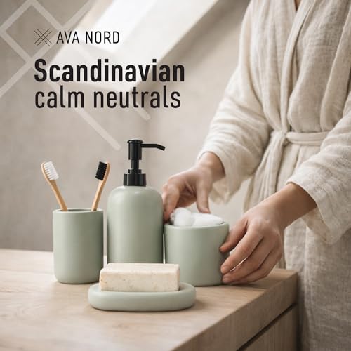 Ceramic Bathroom Accessories Set 4 Pcs – Modern Scandinavian Neutral Bathroom Soap Dispenser Set with Toothbrush Holder, Soap Dish & Cup – Minimalist Bathroom Accessory Set Decor - Sage Green - color: Sage Green