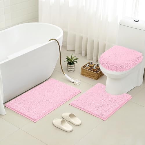 HOMEIDEAS 3 Pieces Light Pink Bathroom Rugs Set, Ultra Soft Non Slip Bath Rug and Absorbent Chenille Bath Mat, Includes U-Shaped Contour Rug, Bath Mat and Toilet Lid Cover, Perfect for Bathroom, Tub - color: Light Pink, size: 20"x32"+U 20"x24"+Cover 18"x2