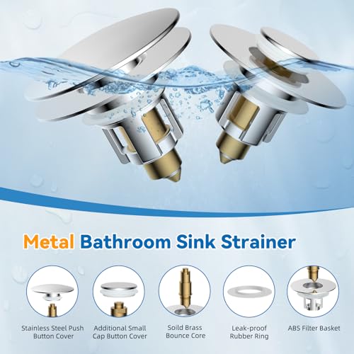 Universal Metal Bathroom Sink Stopper, Pop-Up Hair Catcher Strainer, Chrome | Large Cover Cap, Sink Drain Strainer with Detachable Double Filter, Drain Plug Fits 1.1"-2.36" US Basin, Brass Bounce Core - color: Chrome