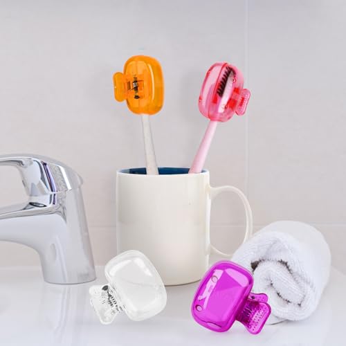 Hxezoc 4 Pack Toothbrush Covers Toothbrush Holders Toothbrush Protector Cap Brush Pod Case Protective Portable Plastic Clip for Household Travel, School, Camping, Bathroom, Business - color: Clear, Orange, Purple, Pink